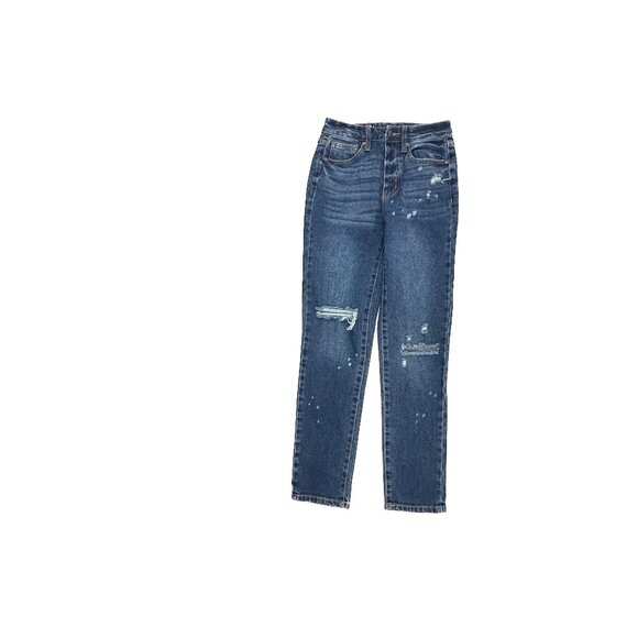 No Boundaries Distressed Straight Leg Women's size 1 Dark Wash Blue Denim Jeans - Picture 1 of 5